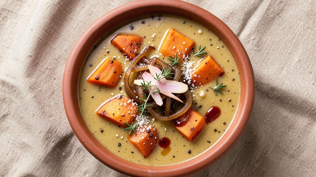 African Sweet Potato Soup Recipe: Nutmeg-Spiced Velvety Richness With Crispy Celery Crown