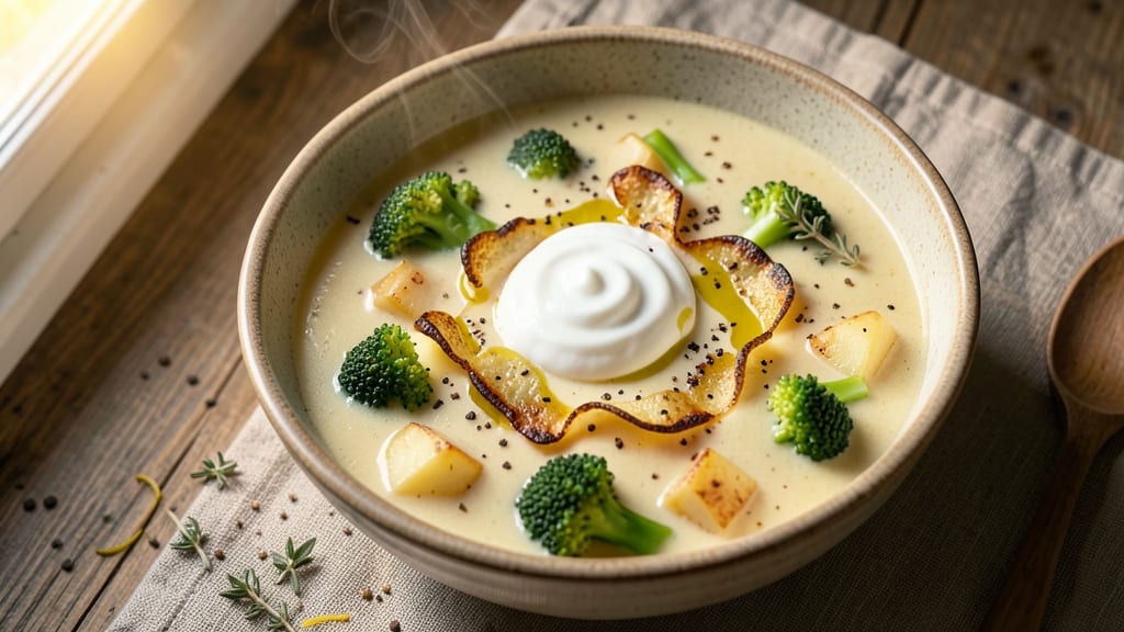 Baked Potato and Broccoli Soup Recipe: Velvety Creamy Texture With Crispy Celery Topping