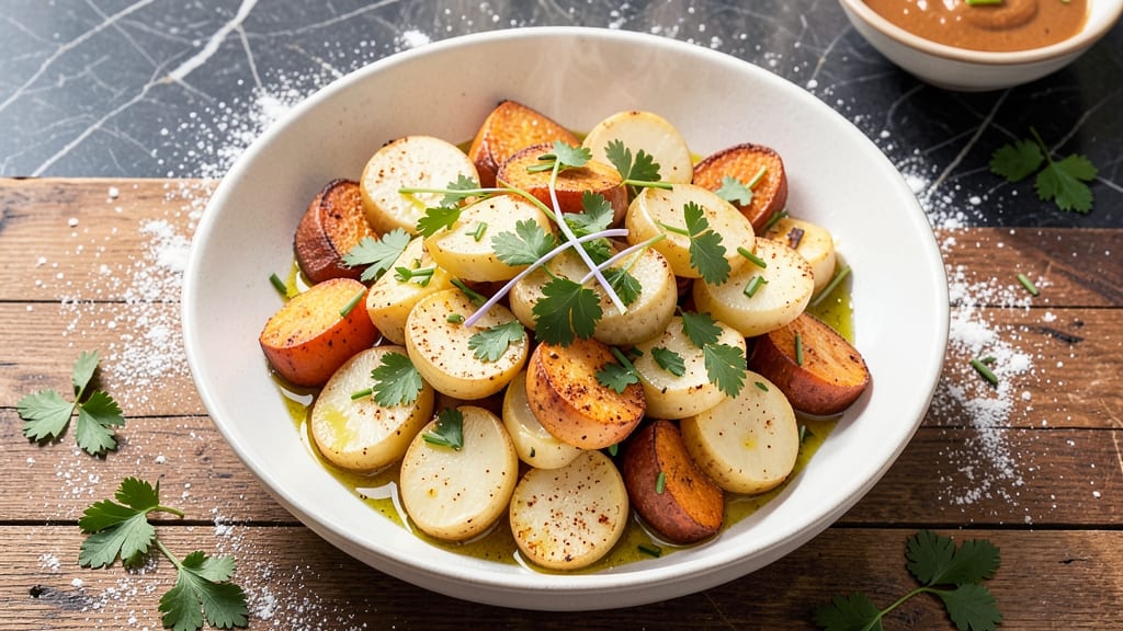 White and Sweet Potato Salad Recipe: Crispy Celery Crown Over Creamy Herb Dressing