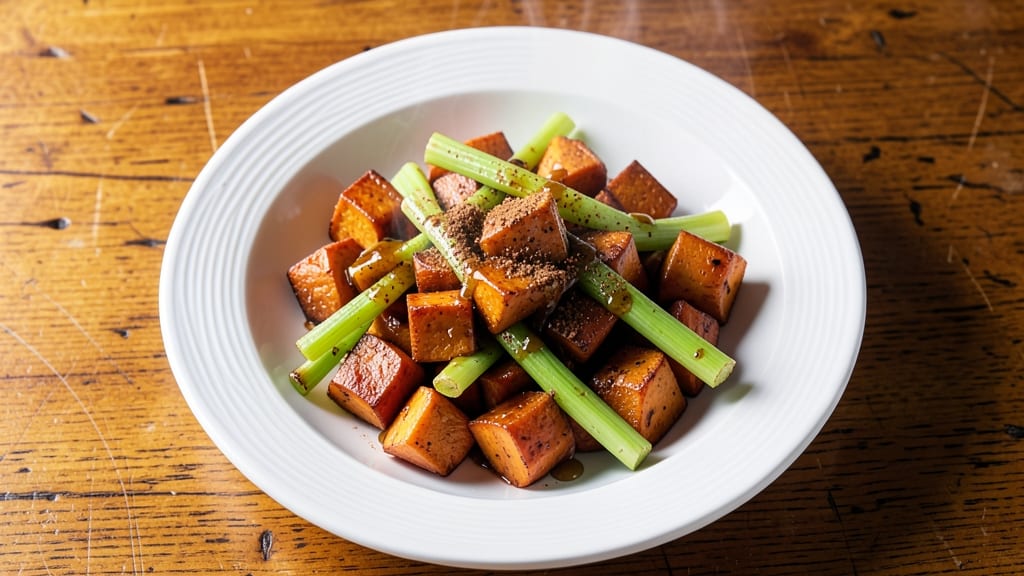 Sweet Potato and Celery Recipe: Caramelized Roots With Crispy Celery Crown