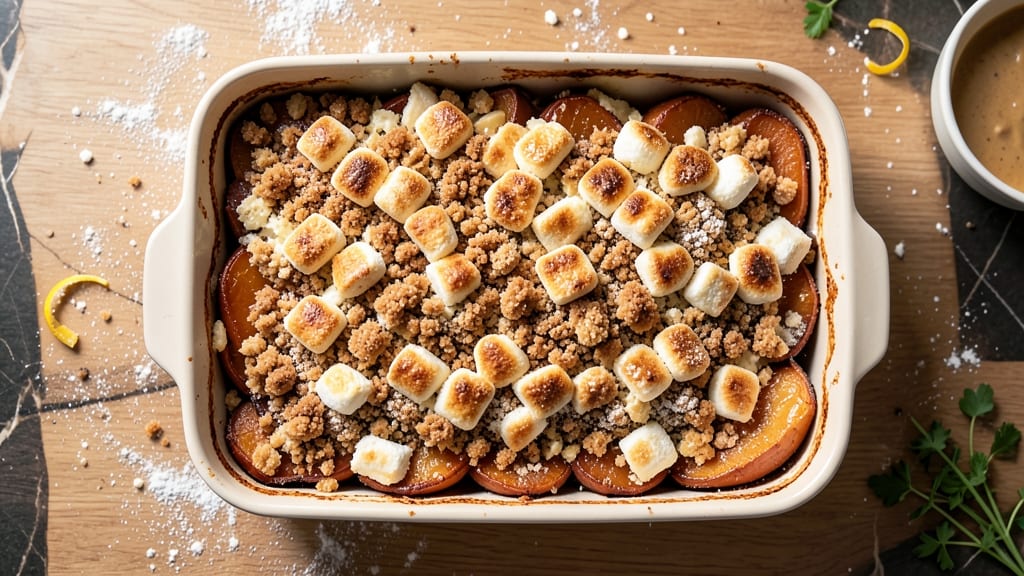 Sweet Potato Casserole Recipe With Streusel and Marshmallows: Crispy Streusel Crown Over Gooey Marshmallow Sky