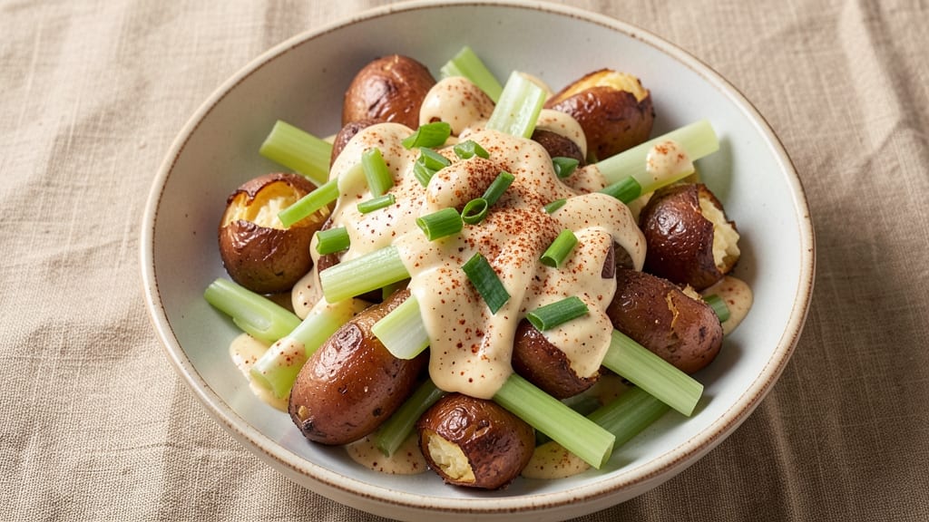 Bake Potato Salad Recipe: Warm Spiced Potatoes With Crispy Celery Topping