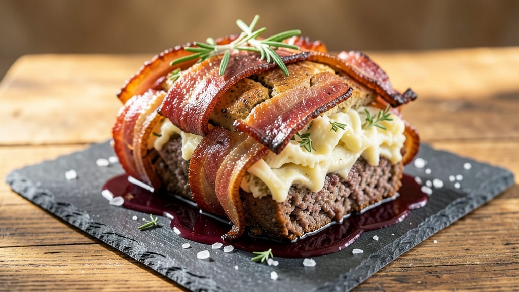 Bacon-Wrapped Mashed Potato Stuffed Meatloaf Recipe: Triple-Layered Comfort in One Dish