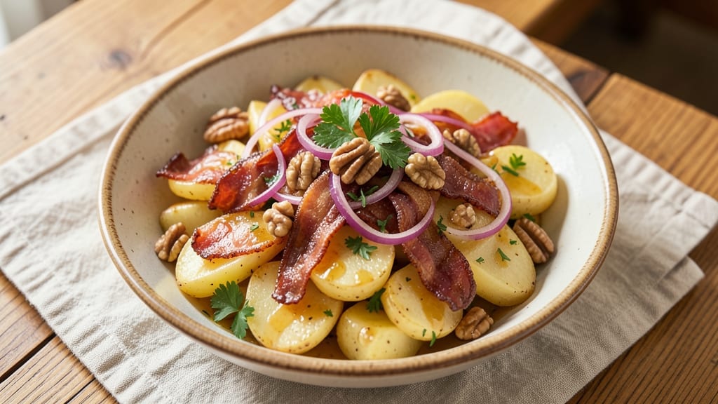 Sweet German Potato Salad Recipe: Mustard-Vinegar Crunch With Warm Bacon Bits
