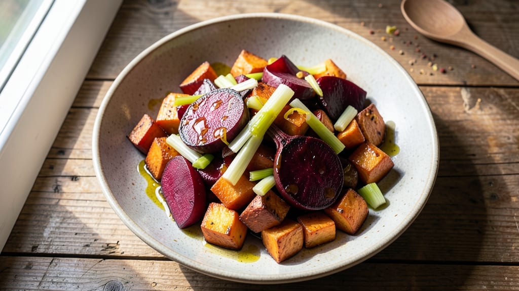 Beet and Sweet Potato Salad Recipe: Earthy Sweetness With Crispy Celery Crown