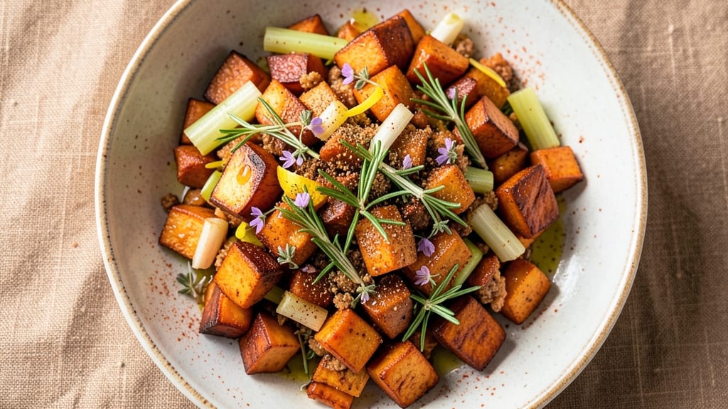 Whole30 Sweet Potato Hash Recipe: Spiced Roast Bites With Crispy Celery Crown