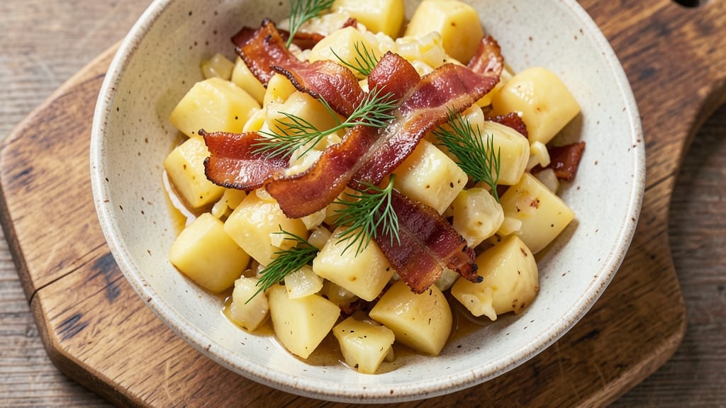 Old Fashioned German Potato Salad Recipe With Bacon: Crispy Bacon Bits and Tangy Mustard Dressing